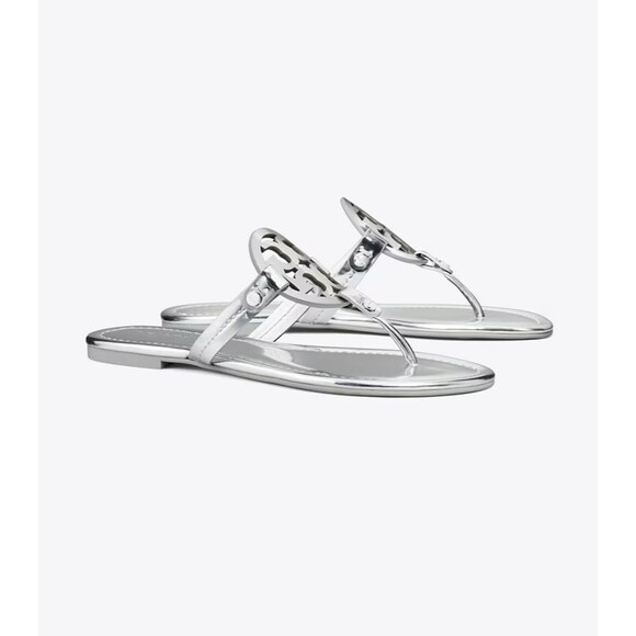 Tory Burch Miller mirrored Metallic Silver Thong Sandals Womens 6.5 - Picture 1 of 16